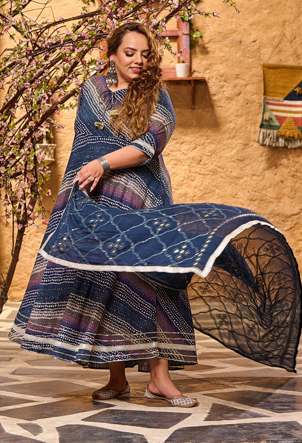 Plus Size Gloomy Blue Leheriya Anarkali with Dupatta