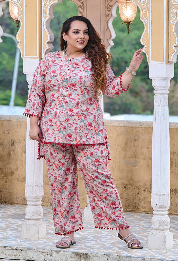 Plus Size Rubious Rani Floral Pom Pom Rayon Co-ord Set