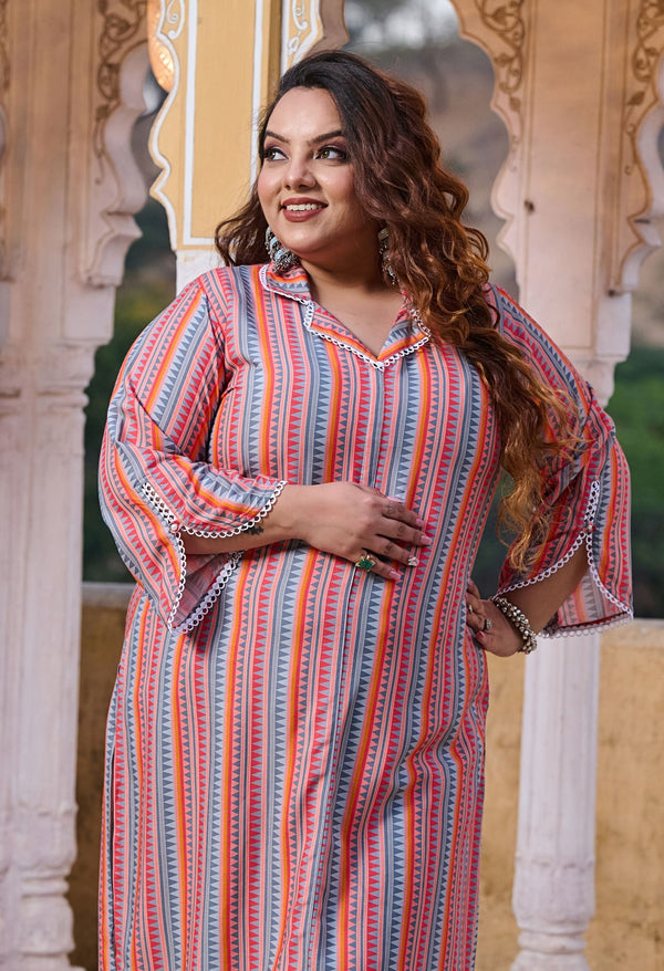 Plus Size Vibrant Multi Collared Kurta Palazzo Set