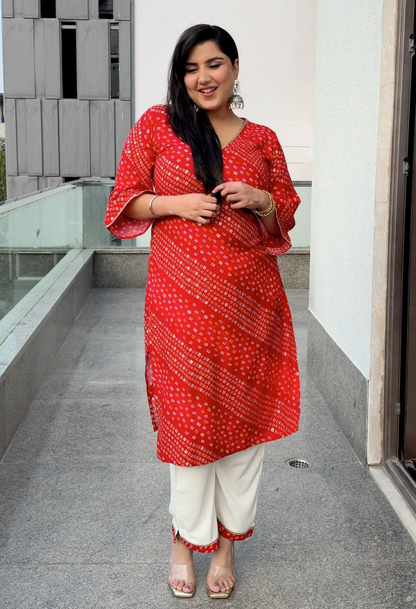 Plus Size Red Bandhani Printed Rayon Kurta Set