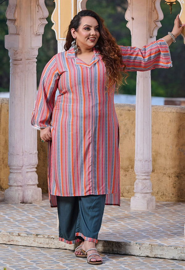 Plus Size Vibrant Multi Collared Kurta Palazzo Set