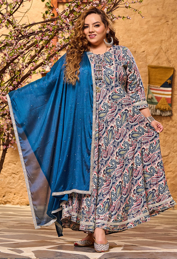 Plus Size Teal Blue Floral Anarkali with Chinon Dupatta