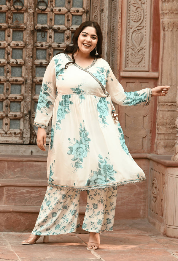 Plus Size Pure Chinon Turquoise Angrakha Sharara Set with Dupatta