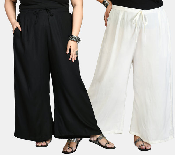 Plus Size Black & White Plain Palazzos