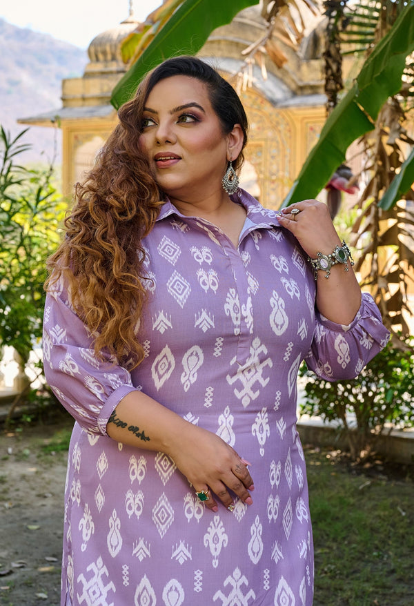 Plus Size Lavender Ikkat Gathered Pants Linen Kurta Set