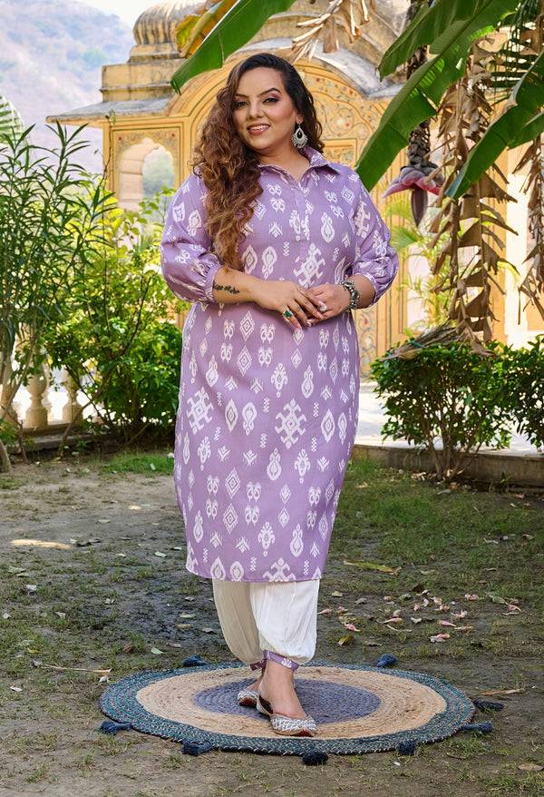 Plus Size Lavender Ikkat Gathered Pants Linen Kurta Set