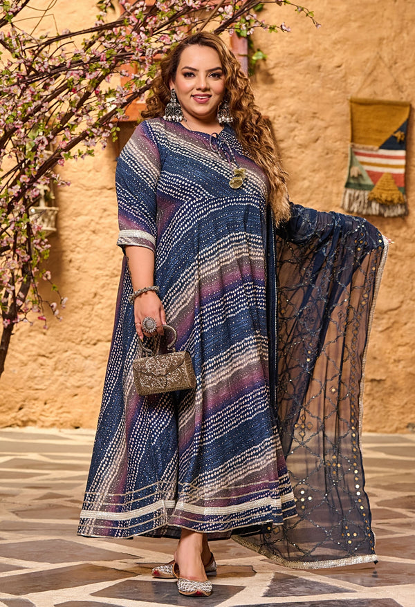 Plus Size Gloomy Blue Leheriya Anarkali with Dupatta