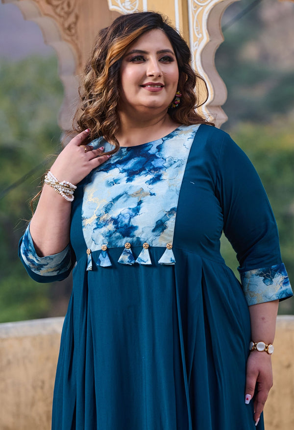 Plus Size Rustique Teal Ethnic Patch Dress