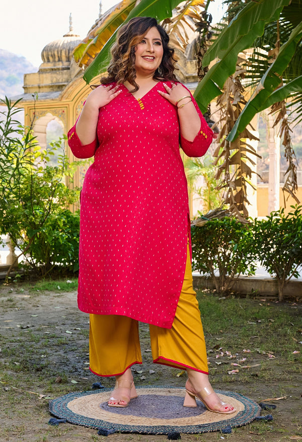 Plus Size Bright Rani Self Rayon Kurta Set with Mustard Palazzo