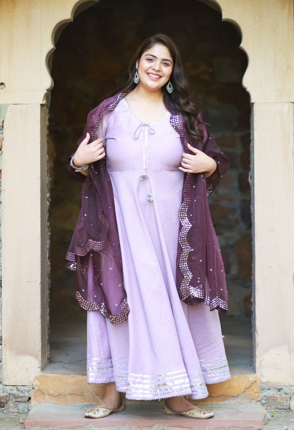 Plus Size Classic Lavender Anarkali with Mirror Dupatta