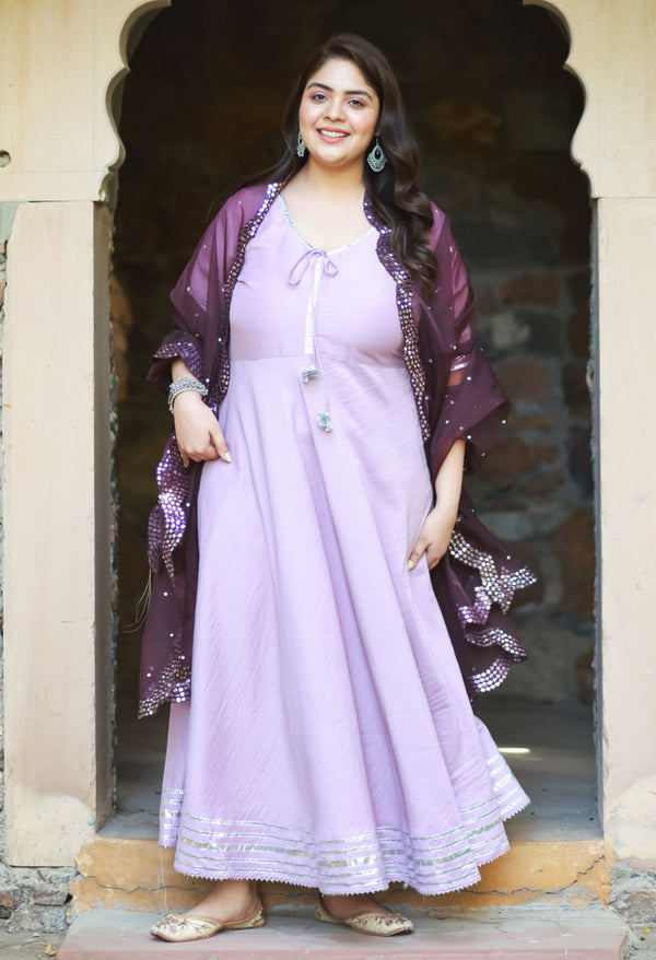 Plus Size Classic Lavender Anarkali with Mirror Dupatta