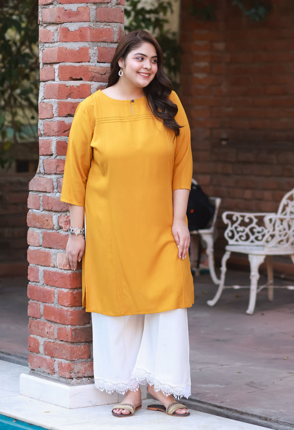 Plus Size Magical Mustard Rayon Pintuck Keyhole Neck Kurta