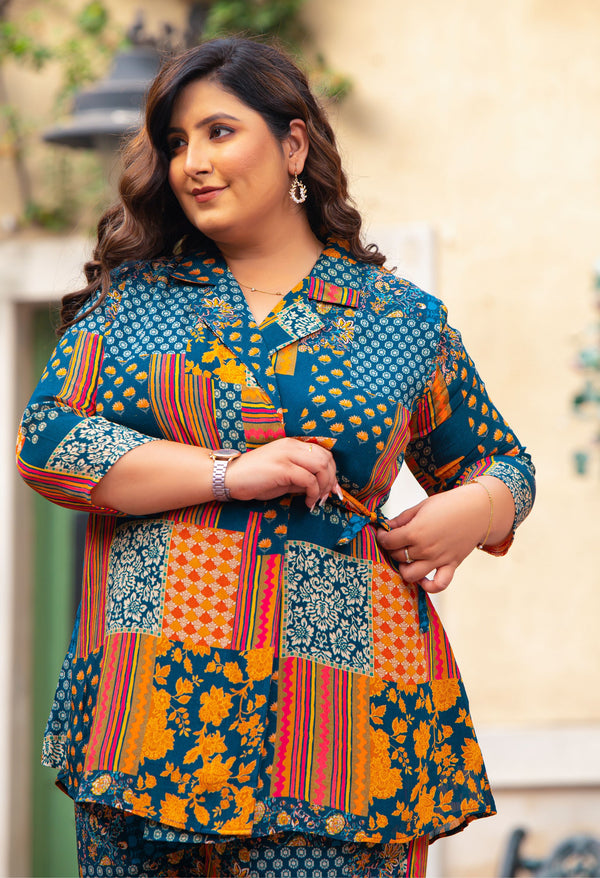 Plus Size Teal Abstract Pure Chinon Co-ord Set