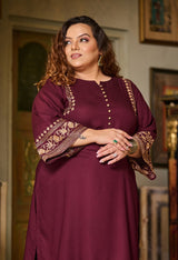 Plus Size Wine Aari Work Liva Rayon Co-ord Set