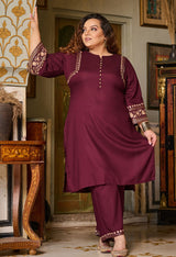 Plus Size Wine Aari Work Liva Rayon Co-ord Set