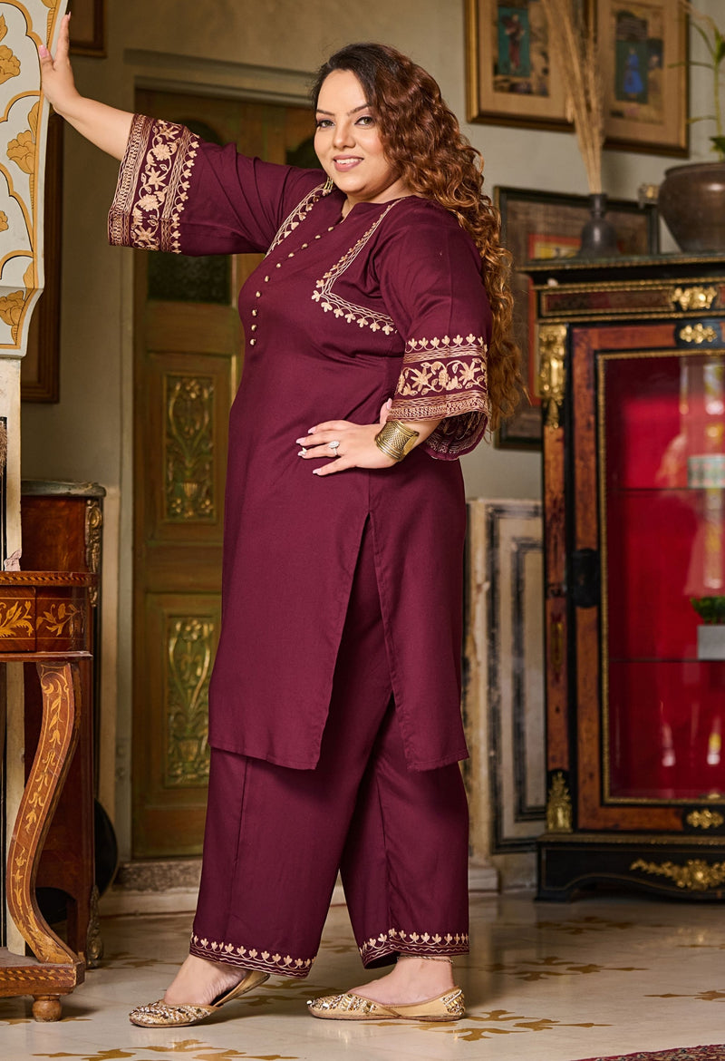 Plus Size Wine Aari Work Liva Rayon Co-ord Set