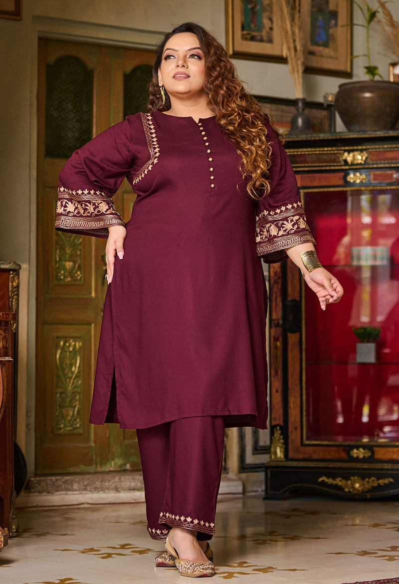 Plus Size Wine Aari Work Liva Rayon Co-ord Set