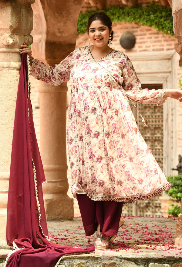 Plus Size Pure Chinon Wine Angrakha with Georgette Sharara and Dupatta