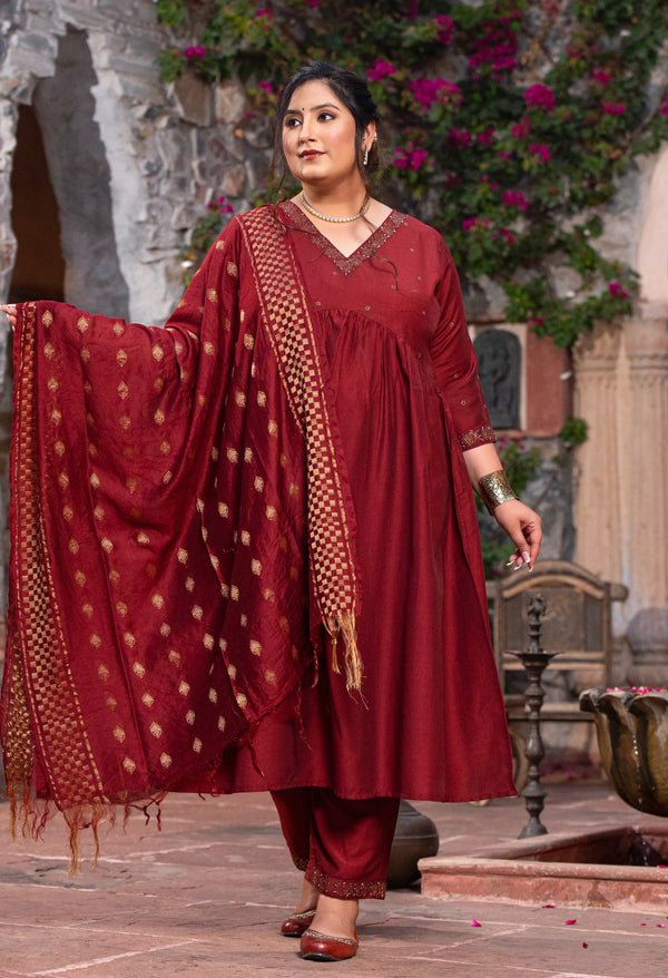 Plus Size Magnetic Maroon Cotton Silk Anarkali with Dupatta