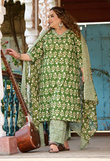 Plus Size Fresh Green Pure Cotton jaipuri Kurta Pant Set with Dupatta