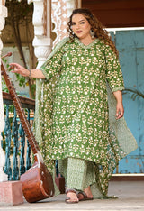 Plus Size Fresh Green Pure Cotton jaipuri Kurta Pant Set with Dupatta