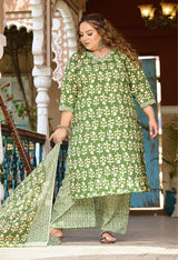 Plus Size Fresh Green Pure Cotton jaipuri Kurta Pant Set with Dupatta