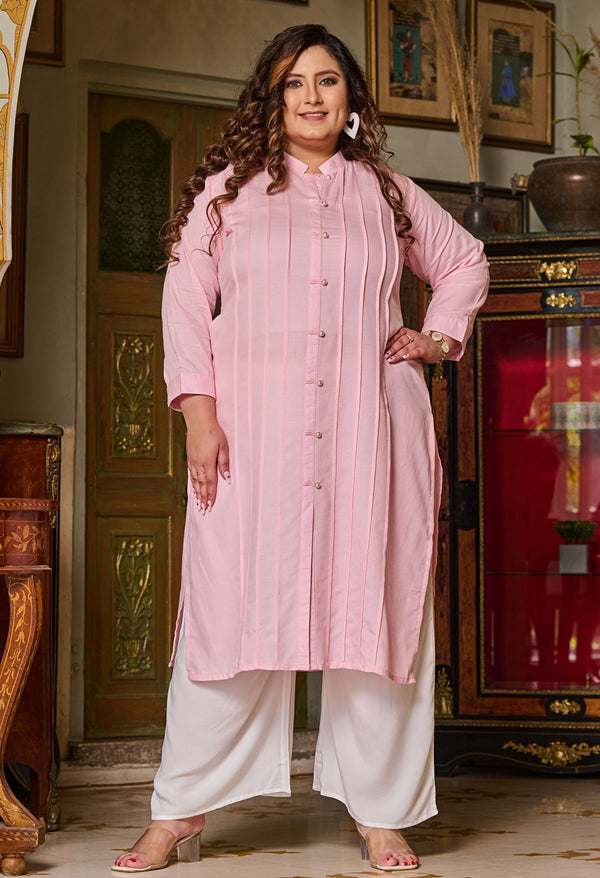 Plus Size Baby Pink Linen Pintuck Pearl Kurta