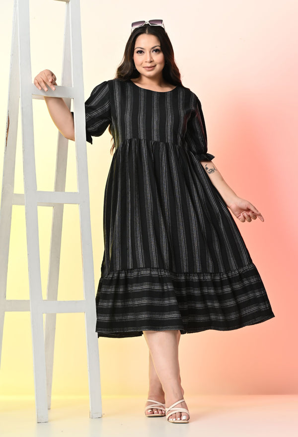 Plus Size Black Striped Midi Dress