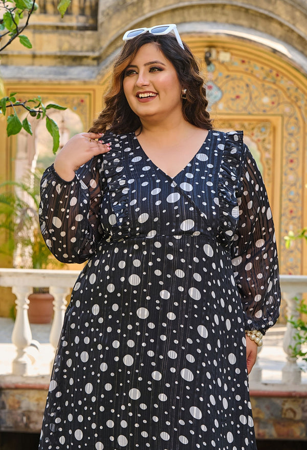 Plus Size Tailored Black Polka Georgette Dress