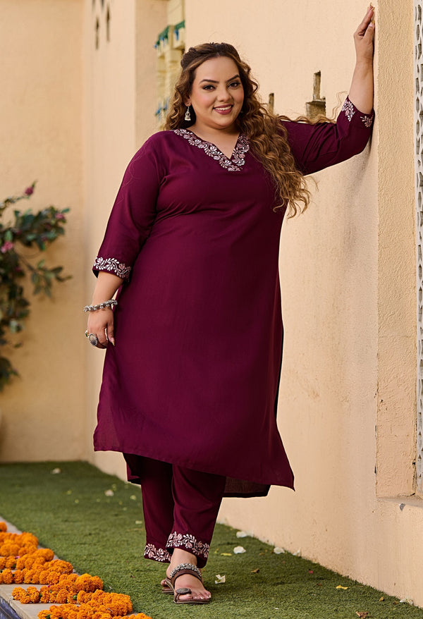 Plus Size Evergreen Wine Aari Embroidered Kurta Pant Set