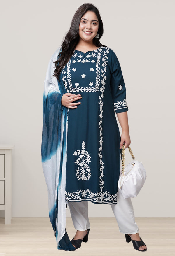 Plus Size Poetic Teal Embroidered Kurta Pant Set with Dupatta