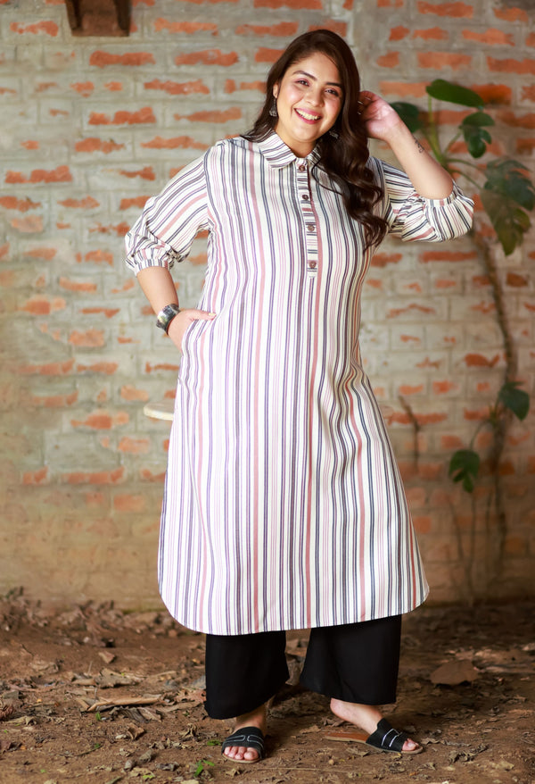 Plus Size Simply OffWhite Pathani Striped Kurta