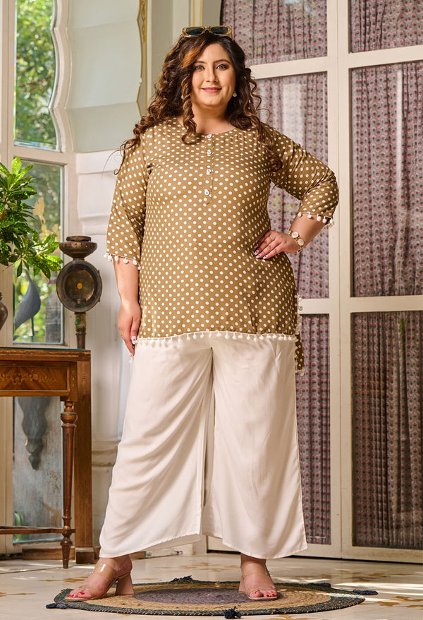 Plus Size Beige Polka Dot Short Kurta