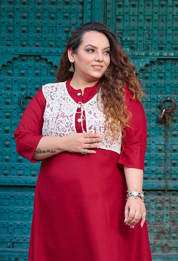 Plus Size Blush Maroon Crochet Jacket Square Cut Dress