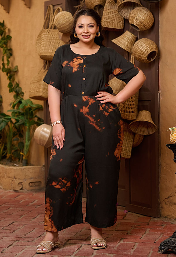 Plus Size Brunette Black Tye Dye Rayon Jumpsuit