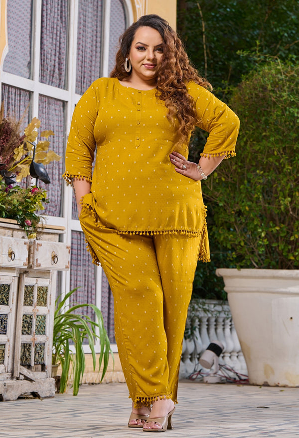 Plus Size Mustard Self Pom Pom Rayon Co-ord Set