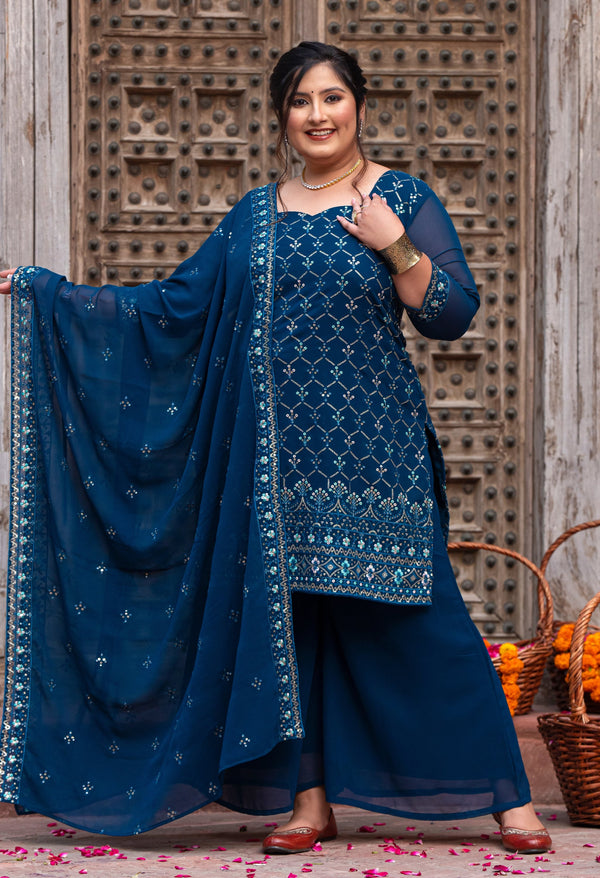 Plus Size Glorious Teal Embroidered Sharara Set with Dupatta