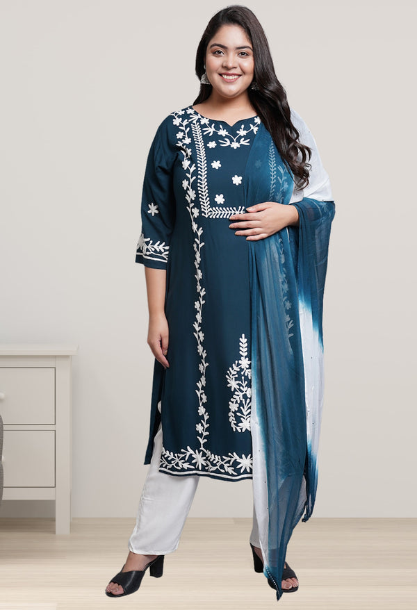 Plus Size Poetic Teal Embroidered Kurta Pant Set with Dupatta