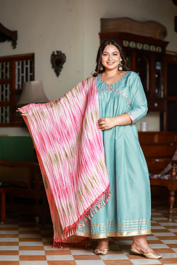 Plus Size Sea Green Fantasy Anarkali with Crushed Dupatta