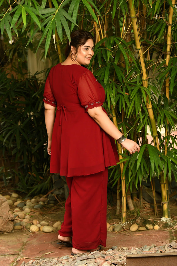 Plus Size Magical Maroon Embellished Co-ord Set with Designer Belt