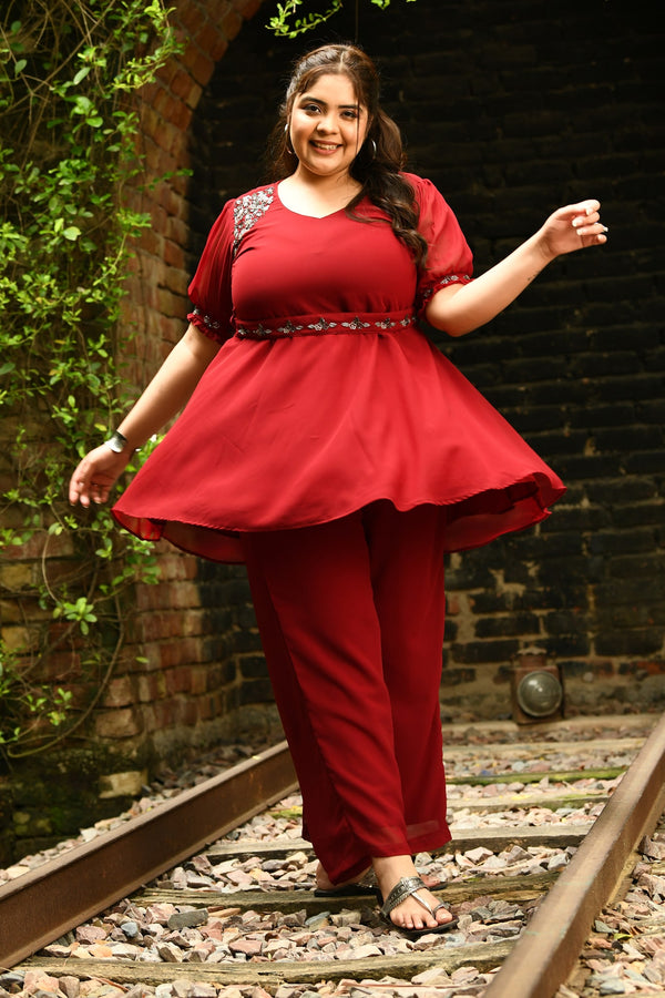 Plus Size Magical Maroon Embellished Co-ord Set with Designer Belt