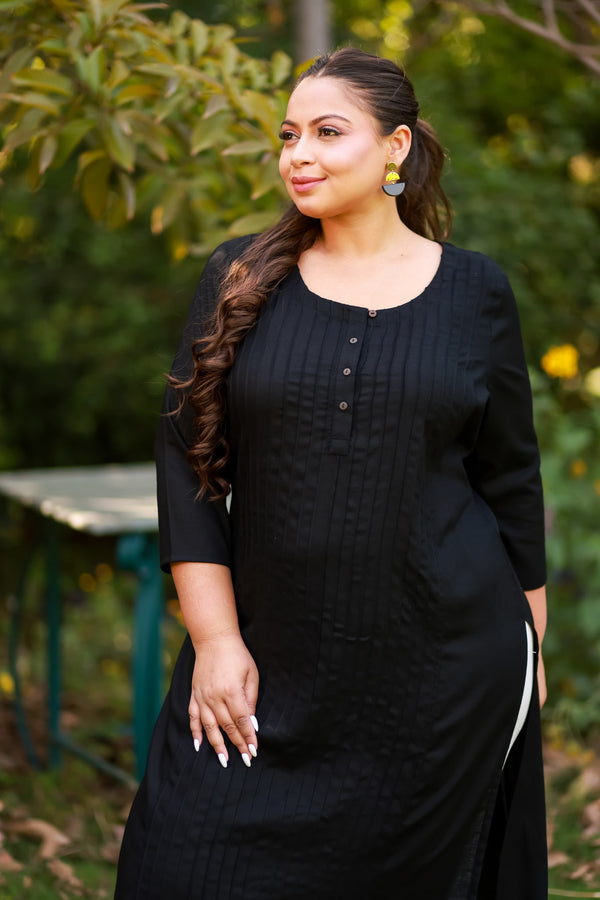 Plus Size Black Pintex Solid Rayon Kurta