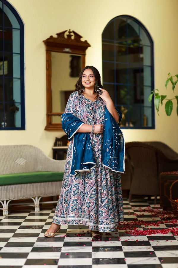 Plus Size Midnight Teal Floral Anarkali with Designer Dupatta