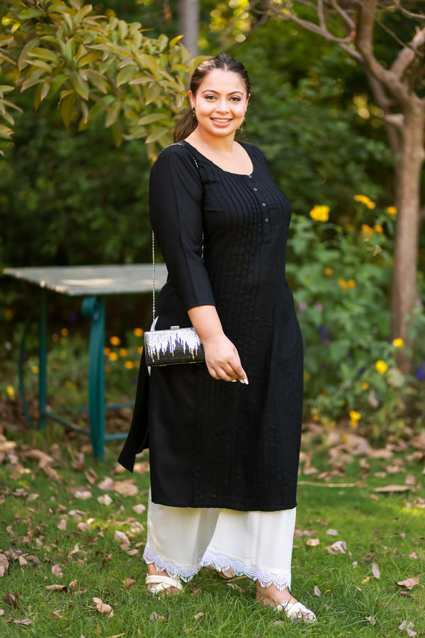 Plus Size Black Pintex Solid Rayon Kurta