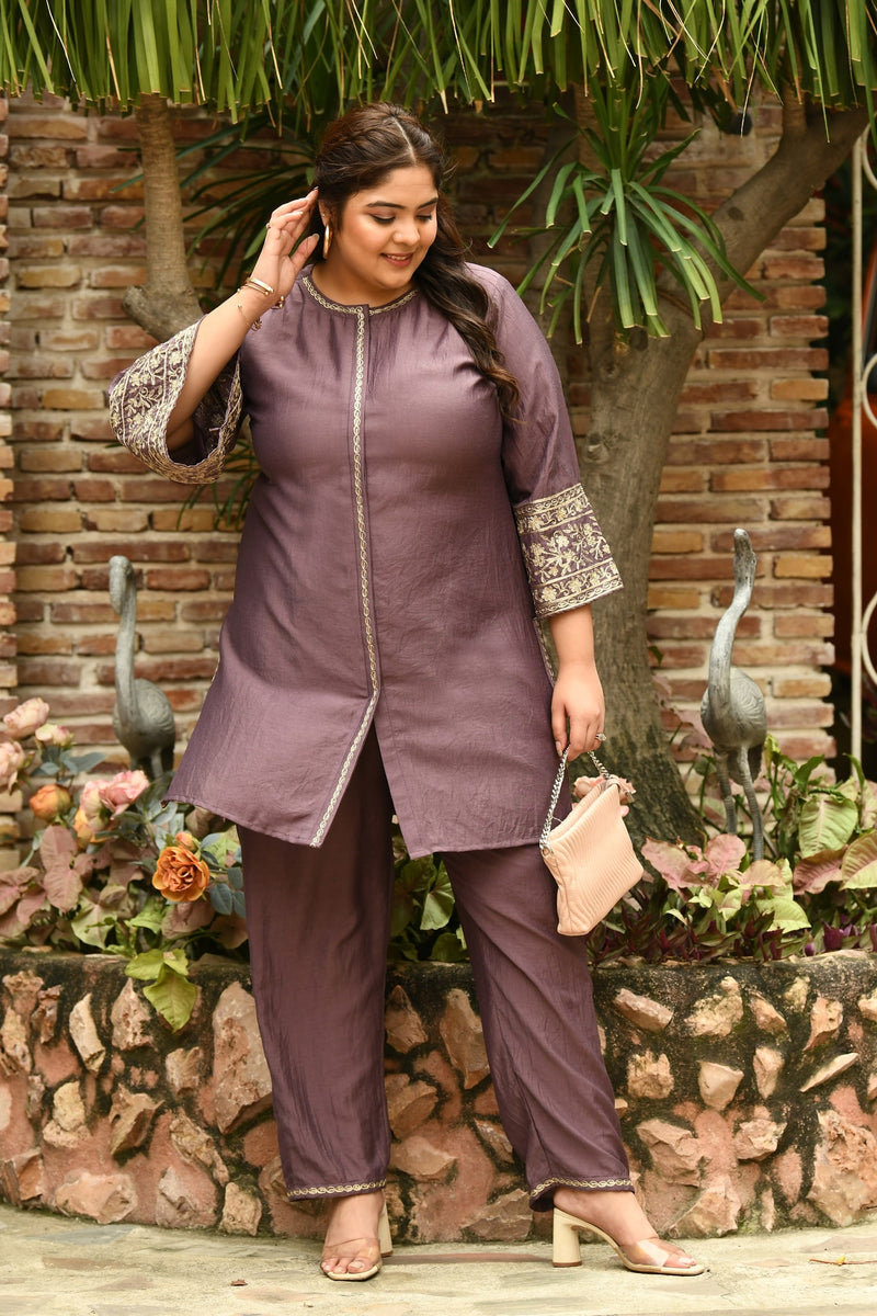 Plus Size Pretty Lavender Aari Cotton Silk Co-ord Set