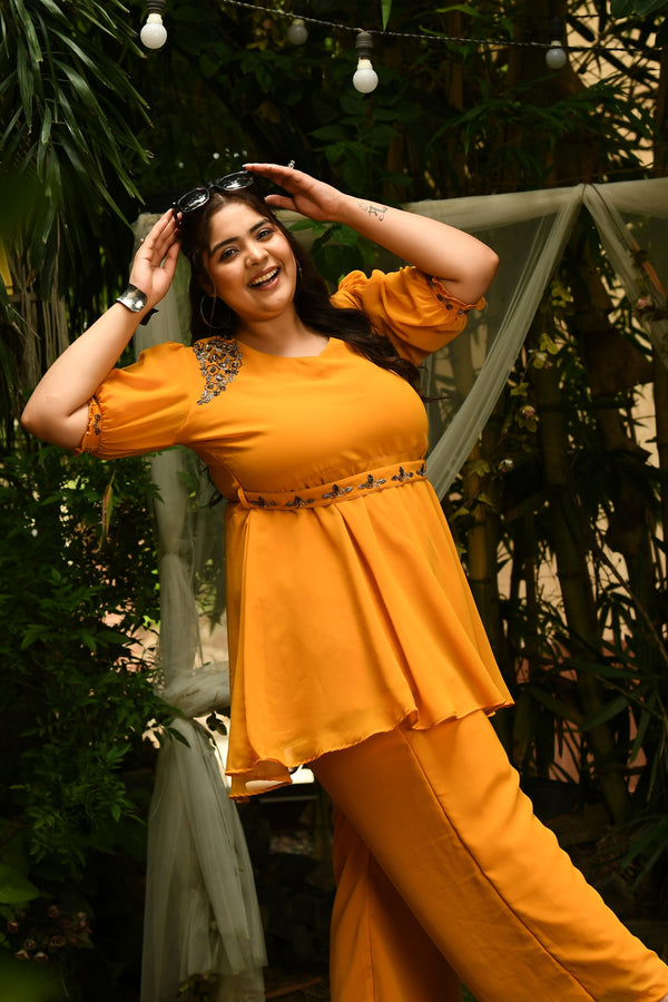 Plus Size Magical Mustard Embellished Co-ord Set with Designer Belt