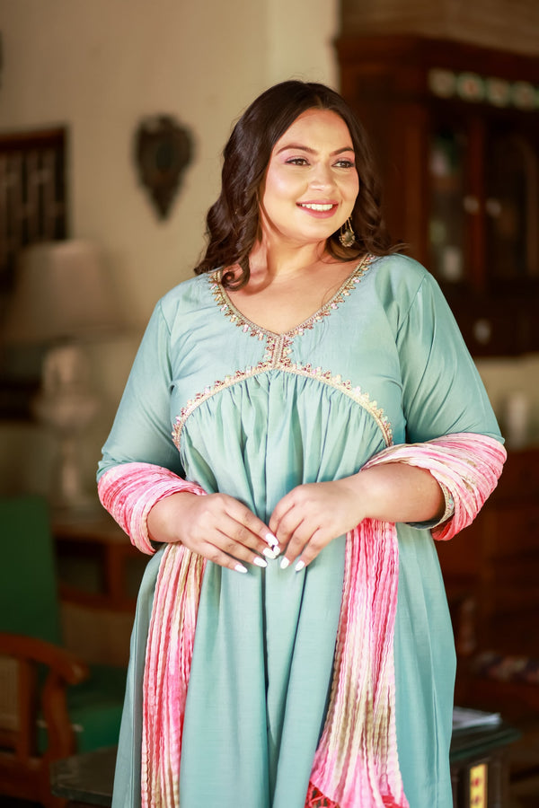 Plus Size Sea Green Fantasy Anarkali with Crushed Dupatta