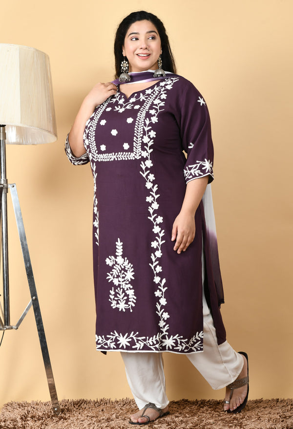 Plus Size Poetic Purple Embroidered Kurta Pant Set with Dupatta