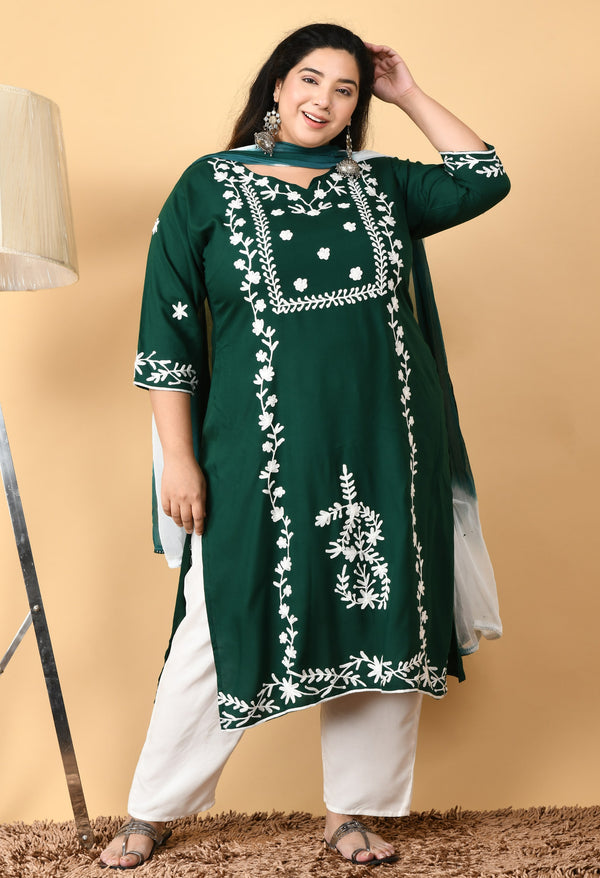 Plus Size Poetic Green Embroidered Kurta Pant Set with Dupatta