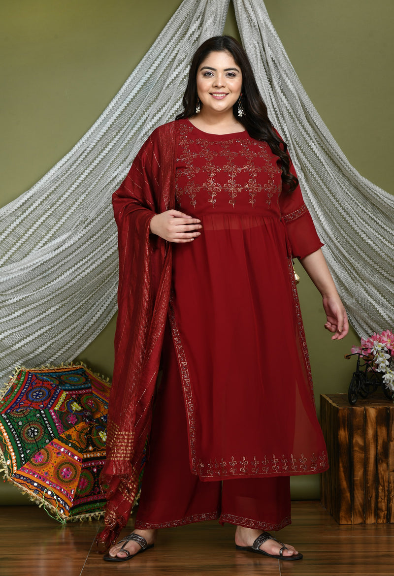 Plus Size Scarlet Maroon Georgette Nyraa Cut Kurta Set